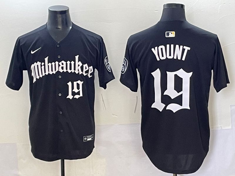 Men 2025 Milwaukee Brewers #19 Yount Black Five generations Joint Name Nike MLB Jersey style 9->milwaukee brewers->MLB Jersey